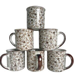 Set Of 6 Chintz Calico Ceramic Coffee Mugs Brown & White Earthtone Floral Speckl